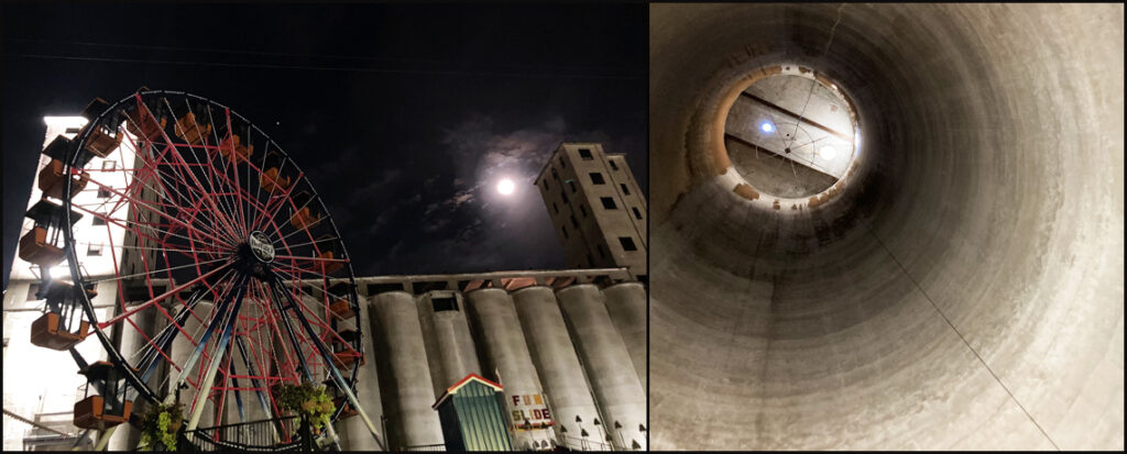 Outside image of grain silo, image looking up into silo