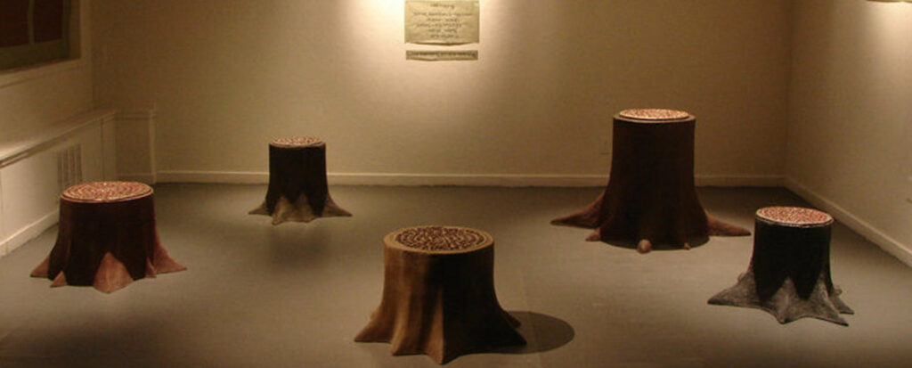 Photo of 5 tree stumps in a dimly lit gallery