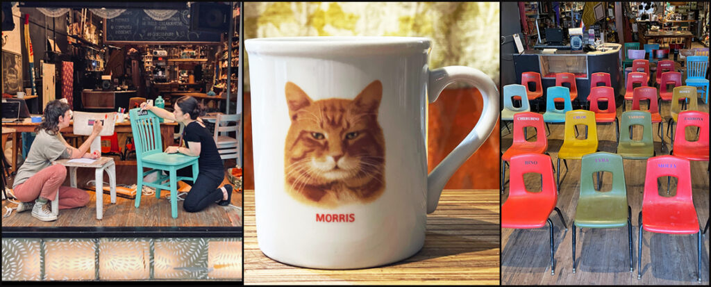 Images of artists inscribing pet names on chairs, mug with cat, collection of chairs with pet names