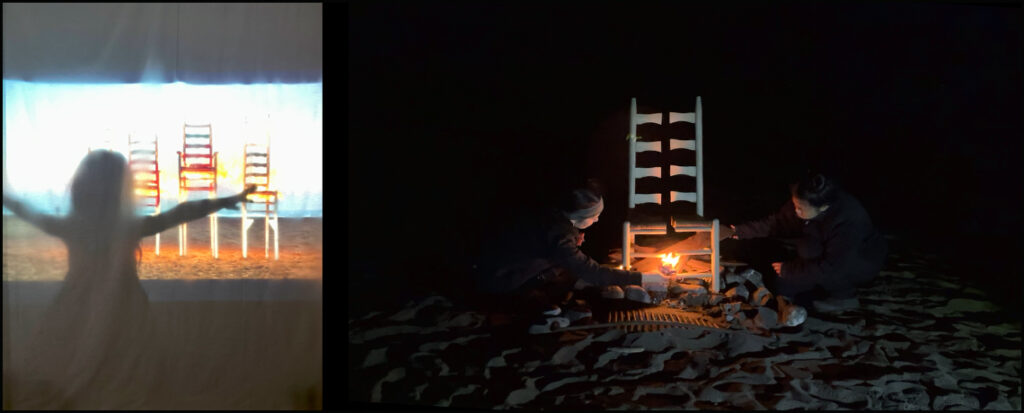 Left image is the shadow and silhouette of a child in front of the screen with projection, Right image is of two people lighting a fire beneath a chair that is dissected in half