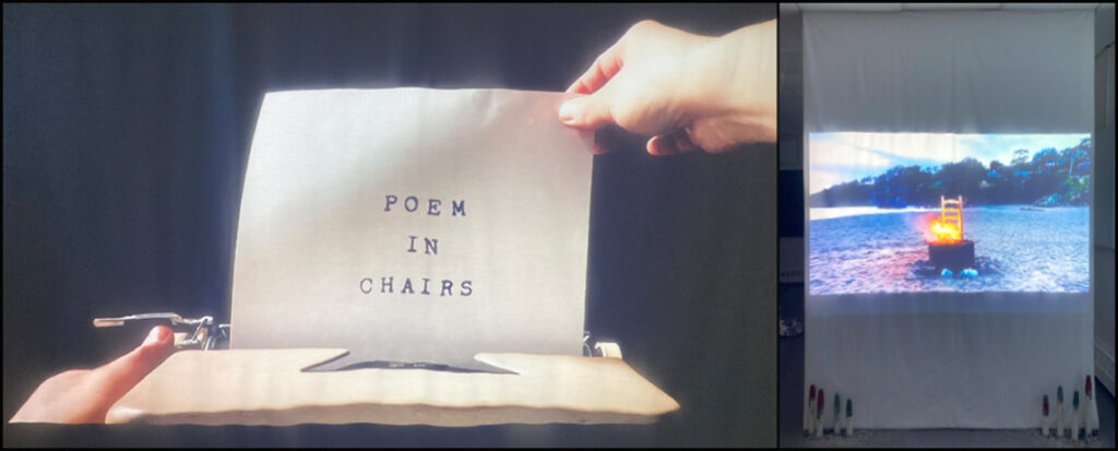 Two images, first one is a projected still of the video with title POEM IN CHAIRS on a piece of paper in a typewriter, the other of the screen and projection of a chair burning on the beach
