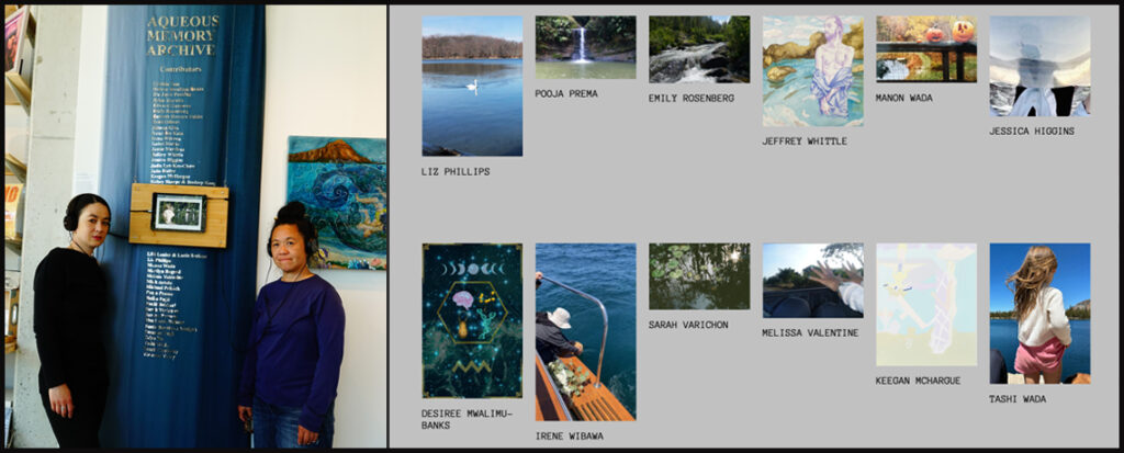 Manon and Irene standing in front of the listening station wearing headphones, and screenshot of the website homepage with images from contributors